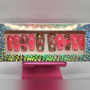 Hot pink and kelly green with iridescent rhinestones. Press On Nails